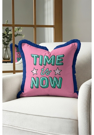 Pop Art Yıldızlı Time İs Now Saçaklı Yastık Kılıfı - Enerjik Pembe Lacivert Püsküllü Kırlent Kılıfı Sakin Vadi Saten