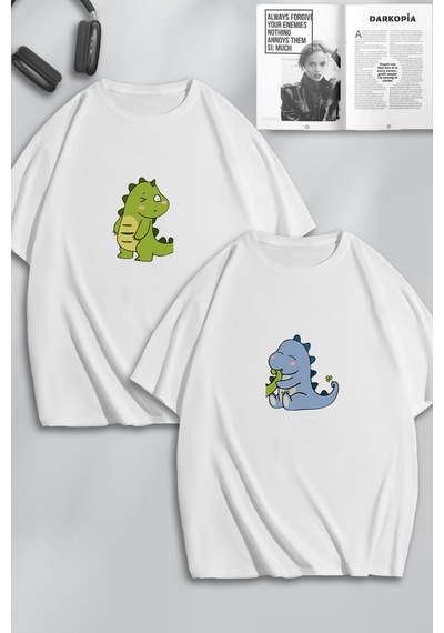 Unisex Kadın Erkek Dinozor Baskılı Sevgili Çift Kombini Tasarım Oversize Tshirt 2'li Beyaz Mck0113 Beyaz