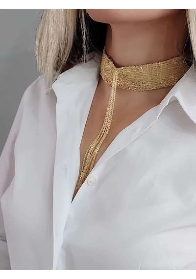 Eva Takı Store 15 Sıralı Zincir Dokuma Sallantılı Vücut Tasma Choker Gold El Yapımı Kolye Gold