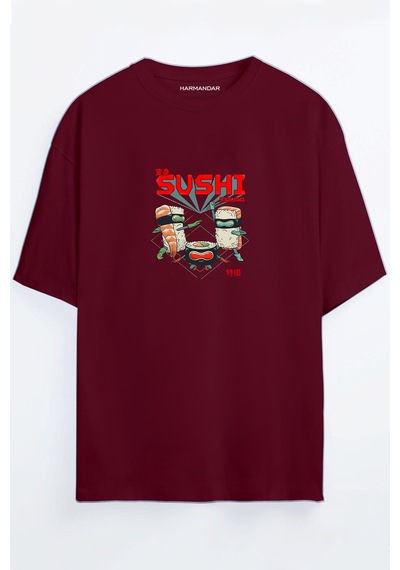 Anime Sushi Ninja Squad Baskılı Unisex Siyah - Beyaz Oversize T-shirt Bordo