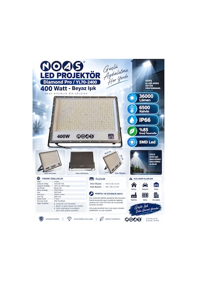Noas 400w Beyaz 6500k Smd Dıamond Pro Led Projektör Ip66 36000lm 400 Watt 220 Volt Çok Renkli