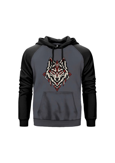 Geometrik Bozkurt Gri Renk Reglan Kol Sweatshirt Kapşonlu