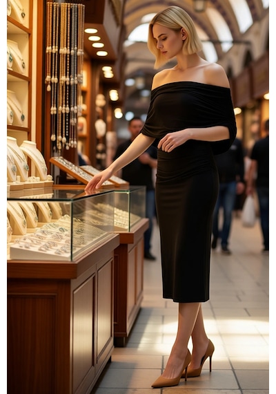 Benerly Kadın Bodycon Carmen Yaka Kolsuz Midi Elbise Esnek Örme Kumaş Ast Siyah