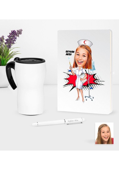Kişiye Özel Hemşire Karikatürlü Beyaz Defter Kalem ve Termos Mug