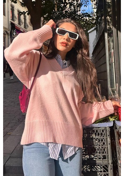Madmext Pembe V Yaka Oversize Kadın Triko Kazak Mg2149 Pembe