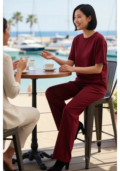 Benerly Kadın Büyük Beden Relaxed Kesim Kısa Kollu Bisiklet Yaka Ribana Ö Bordo