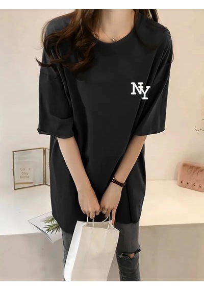 Modi Baskılı Oversize Bisiklet Yaka T-shirt - Siyah - Mymg158986