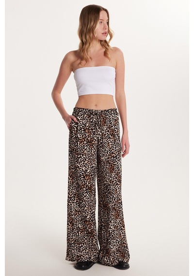 Tudors Kadın Slim Fit Dar Kesim Beli Lastikli Bağlamalı Leopar Desenli Pantolon-34301 Kahve - Taş