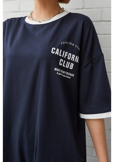 Unisex Lacivert Yaka Kol Detaylı California Club Baskılı Oversize T-shirt