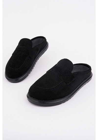 Muggo Vintage Süet Deri Günlük Rahat Önü Kapalı Kadın Loafer Terlik Siyah