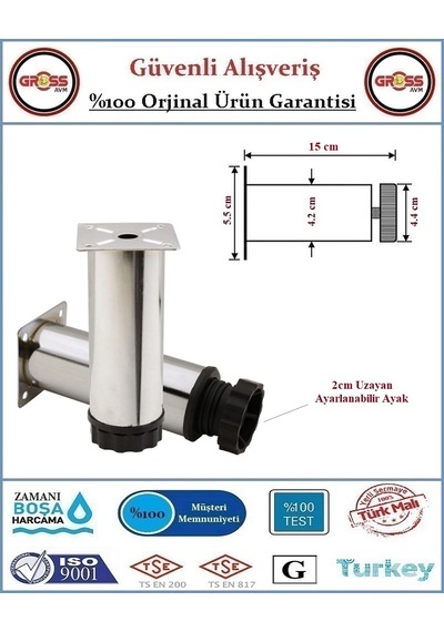 Metal Ayarlanabilir Koltuk - Mobilya - Baza Ayağı - 15cm - 2 Adet Krom
