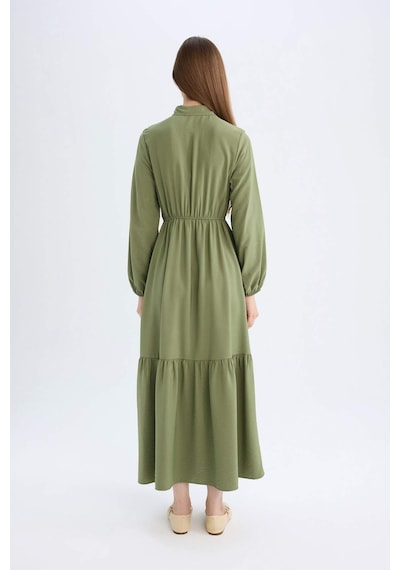 Defacto Gömlek Yaka Basic Düz Düğmeli Beli Büzgülü Uzun Kollu Maxi Elbise D5851AX24AUKH450 Haki
