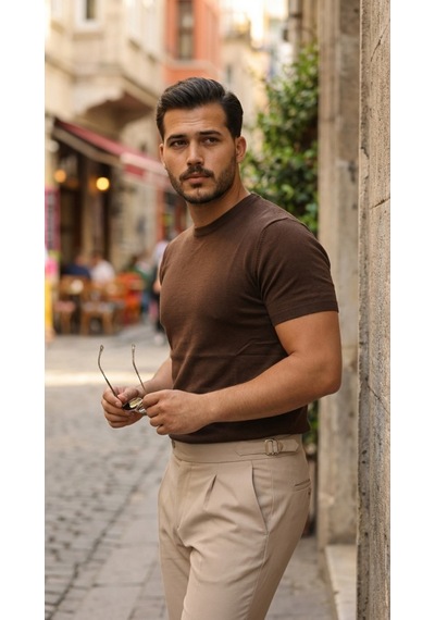 Veraura Lifestyle Erkek Basic Bisiklet Yaka Kısa Kollu Triko Tişört - %100 Pamuk Akrilik Kahverengi Veraura Lifestyle Erkek Basic Bisiklet Yaka Kısa Kollu Triko Tişört - %100 Pamuk Akrilik Kahverengi