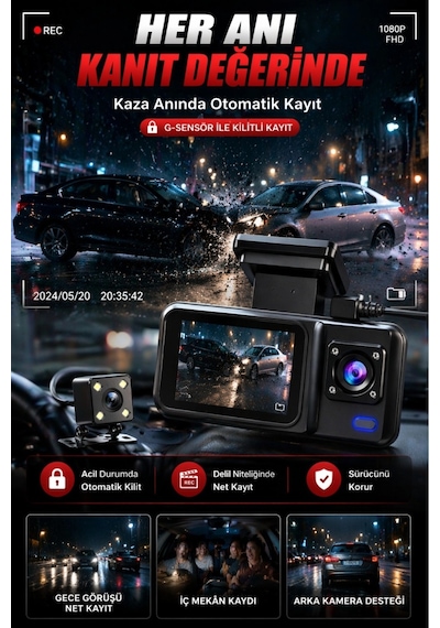 1080p Hd 3 Kameralı Araç Kamerası Ön Arka İç Kayıt Ve Park Destekli Gece Görüşlü