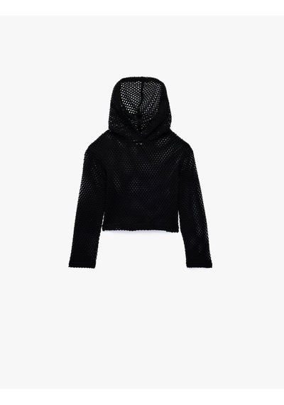 Koton Regular Fit Uzun Kollu Kapşonlu File Sweatshirt Siyah 7wkg10664ak