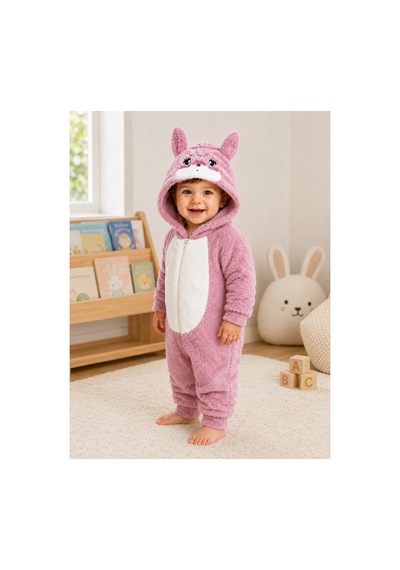 Tatlı Ayıcık Desenli Welsoft Peluş Kapüşonlu Fermuarlı Kışlık Unisex Bebek Tulumu 40197 Pembe
