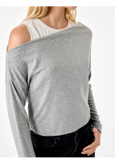 Koton Slim Fit Viskon Karışımlı Asimetrik Yaka Uzun Kollu Katmanlı Tişört Gri 7wal10346ık