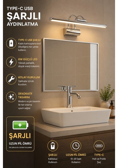 Flüt Aplik / 45cm / Şarjlı Led Aplik / Type-c Usb Kablosuz Duvar Lambası 8w Gün Işığı 3000k Gümüş - Krom