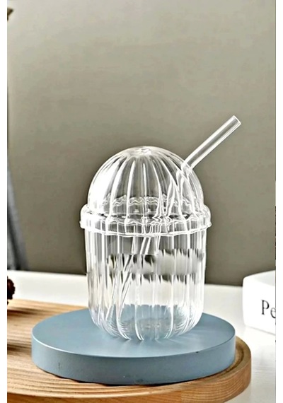 2'li Kübbe Kapaklı Pipetli Bardak 430ml Isıya Dayanıklı Eggglass İskandinav Kahve Sunum Bardağı