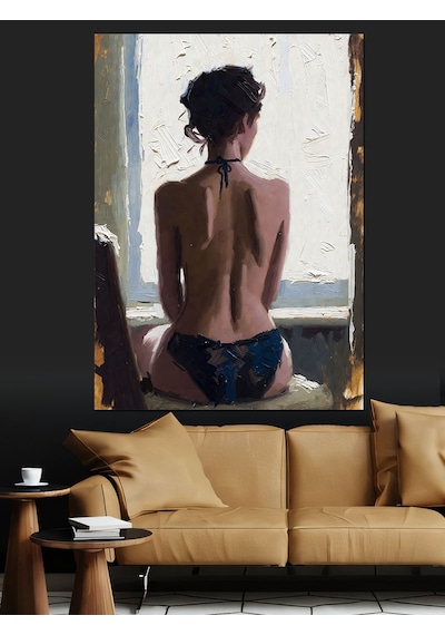 Ahşap Tablo Sırtı Dönük İç Çamaşırlı Seksi Kadın Yağlı Boya Çalışması