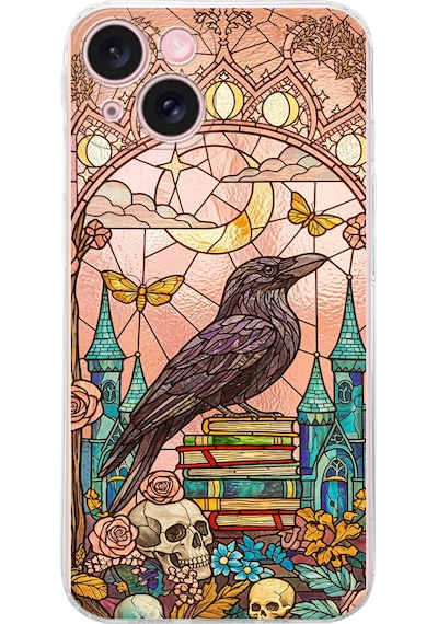 Printify Apple Uyumlu iPhone 15 Plus İle  Vitray Bilge Kuzgun Tasarımlı Şeffaf Silikon Kılıf Şeffaf