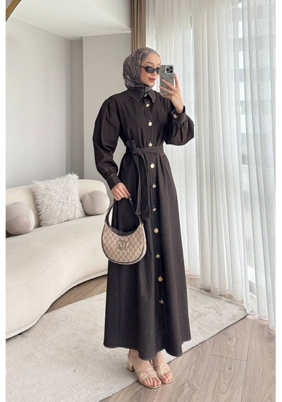 Meecy Gold Düğmeli Denim Tesettür Elbise Siyah Siyah