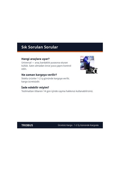 Trobus Oto Küllük Işıklı Kapaklı Bardaklık Silikon Tabanlı Siyah