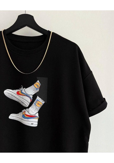 Flood Of Style Erkek Siyah Ayakkabı Baskılı Oversize Bisiklet Yaka Penye Tişört