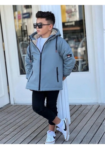 Pina Kids Erkek Çocuk Kürklü Çıkarılabilir Kapüşonlu Oversize Kışlık Mont Km4030 Mint
