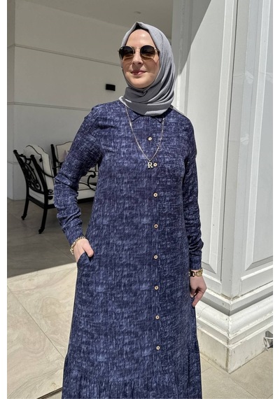 Rabia Şamlı Süreyya Kot Efektli Gömlek Elbise Lacivert Normal