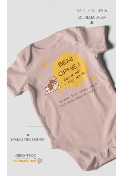 Beni Öpme Bende Mi Evet Sende Baskılı Bebek Zıbını Çıtçıtlı Body %100 Pamuk Kısa Kol Pastel Pembe