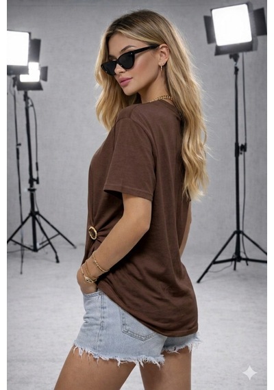 Ribana Kadın Bisiklet Yaka Kısa Kollu Gold Yan Toka Detaylı T-shirt 5035 Kahverengi