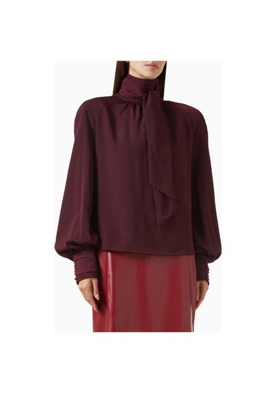 Rowen Rose Oversized Bow - Neck Blouse, Lüks Georgette Yüksek Yakalı Şık Balon Kollu Bluz Bordo