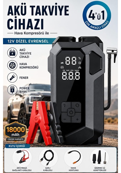 Tr Araç Akü Takviye Cihazı Hava Kompresörü 4'ü1 Arada Şarjlı Marş Basma Jump Starter Powerbank 18000mah