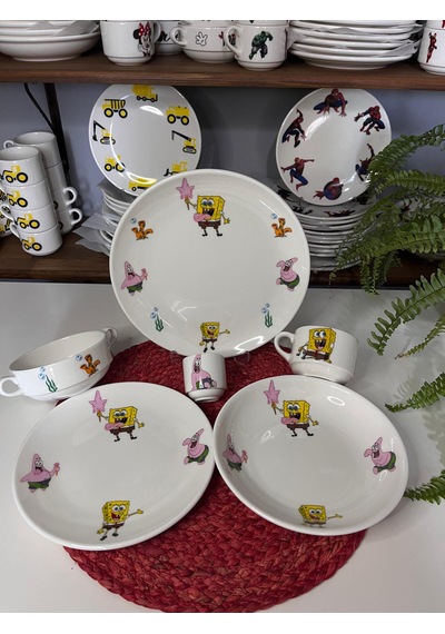 6 Parça Sünger Bob Model Çocuk Bebek Yemek Takımı Beslenme Seti Çok Renkli