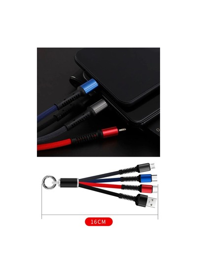 Bucuks Işıklı Anahtarlık Model 3 İn 1 Usb Çıkışlı Mikro,type-c Ve İphone Uyumlu Şarj Kablosu Renkli