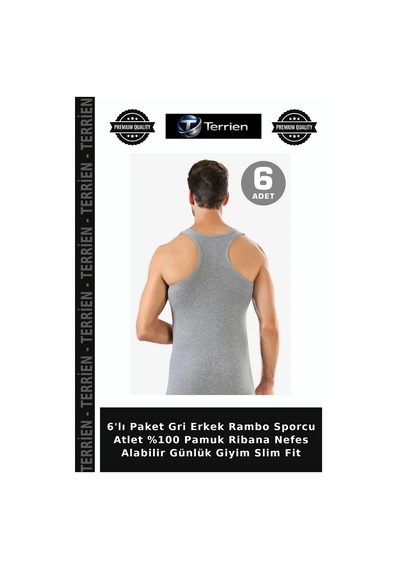 Terrien 6'lı Paket Gri Erkek Rambo Sporcu Atlet %100 Pamuk Ribana Nefes Alabilir Günlük Giyim Slim Fit