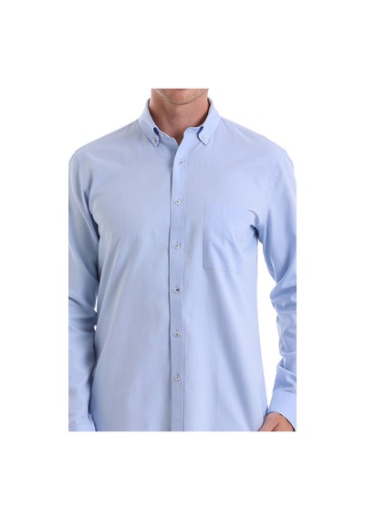 Hatemoğlu Mavi Comfort Fit Düz 100% Pamuk Düğmeli Yaka Uzun Kollu Casual Ox Mavi