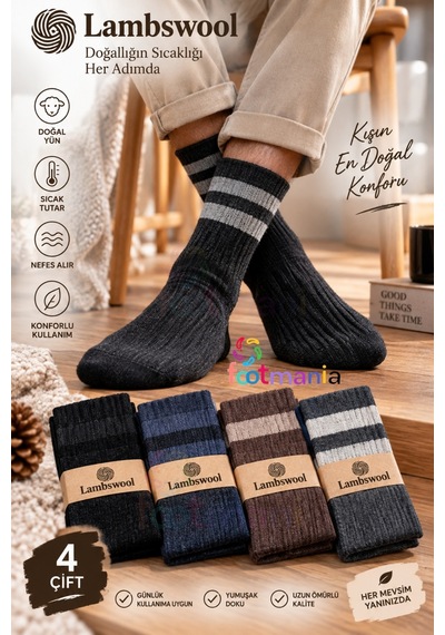 Footmania 4 Çift Erkek Orjinal Jakarlı Yün Erkek Soket Lambswool Çorap Çok Renkli