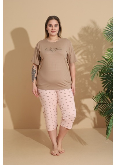Eyfuze Kadın Curve Büyük Beden Milan Kumaş Kapri Kısa Kollu Pijama Takımı Kahverengi