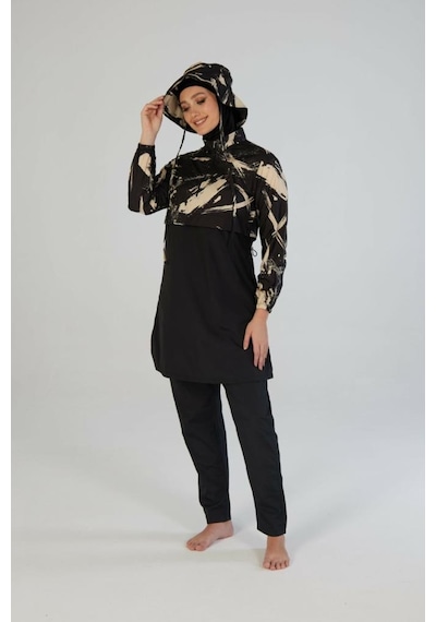 Estiva 26973 Siyah Brushstroke Tam Kapalı Croplu Şapkalı Pantolonlu Tesettür Mayo
