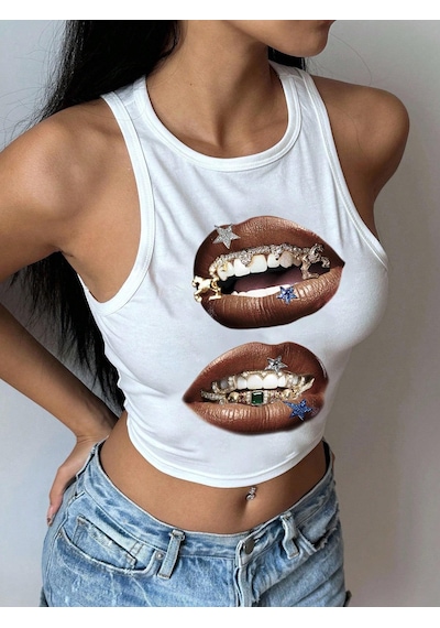 Afri Kadınbeyaz Baskılı Crop Atlet Diş Grillz Desenli, Sokak Modası Tarzı Beyaz