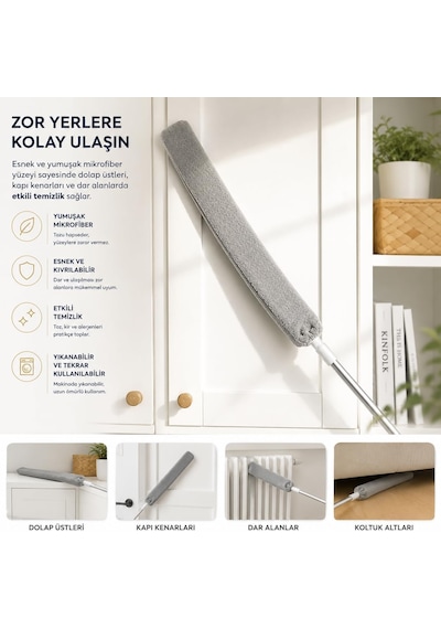 Temizleme Mopu Mikrofiber Başlıklı Girintili Yüzey Dip Köşe Temizleme Toz Alma Raf Temizleme Mopu Toz Alma Fırçası + 1 Yedekli