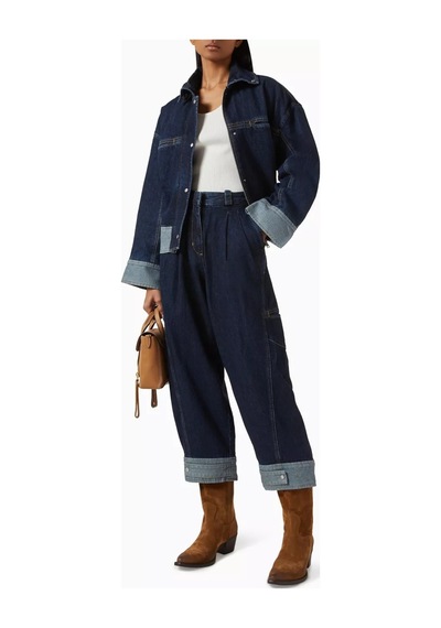 3.1 Phillip Lim Kemerli Boxy Denim Ceket, Peplum Detaylı, Oversize Kesim Lacivert