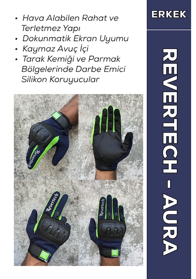 Revertech Aura Lacivert / Neon - Dokunmatik Ekran Uyumlu Erkek Motosiklet Eldiveni + Buff li