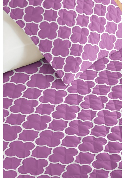 Mor Geometrik Dekoratif Pike Takımı - Lila Beyaz Kapitone Yatak Örtüsü Seti Tek Kişilik 160x220 Cm Kadife Koru Havası