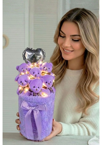 Kadınlar Gününe Özel: Deluxe Led Işıklı Mor Peluş Silindir Kutuda, Kalpli Balonlu 6 Lı Mor Ayıcık Buketi - Sevdiğine Hediye
