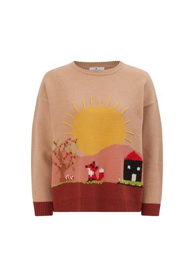 Peraluna Sunny Pullover El İşlemeli Desenli Kadın Triko Kazak Bej/kahve-çok Renkli Çok Renkli