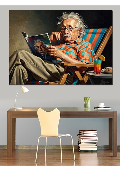 Kitap Okuyan Gözlüklü Yaşlı Einstein Dekoratif Kanvas - Mdf Ahşap Tablo