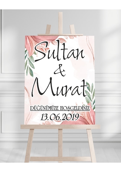 Söz Nişan Düğün İçin 50x70 Karşılama Panosu - Pembe Çiçekli Beyaz